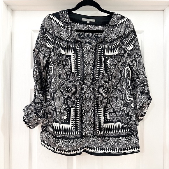 NY Collection Satin Tapestry Tassel Collar Blouse Top Black White Paisley Medium - Picture 1 of 6